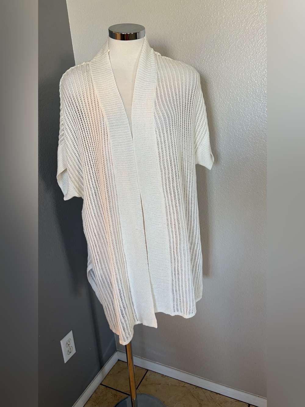 Open-Front White Knit Duster Cardigan